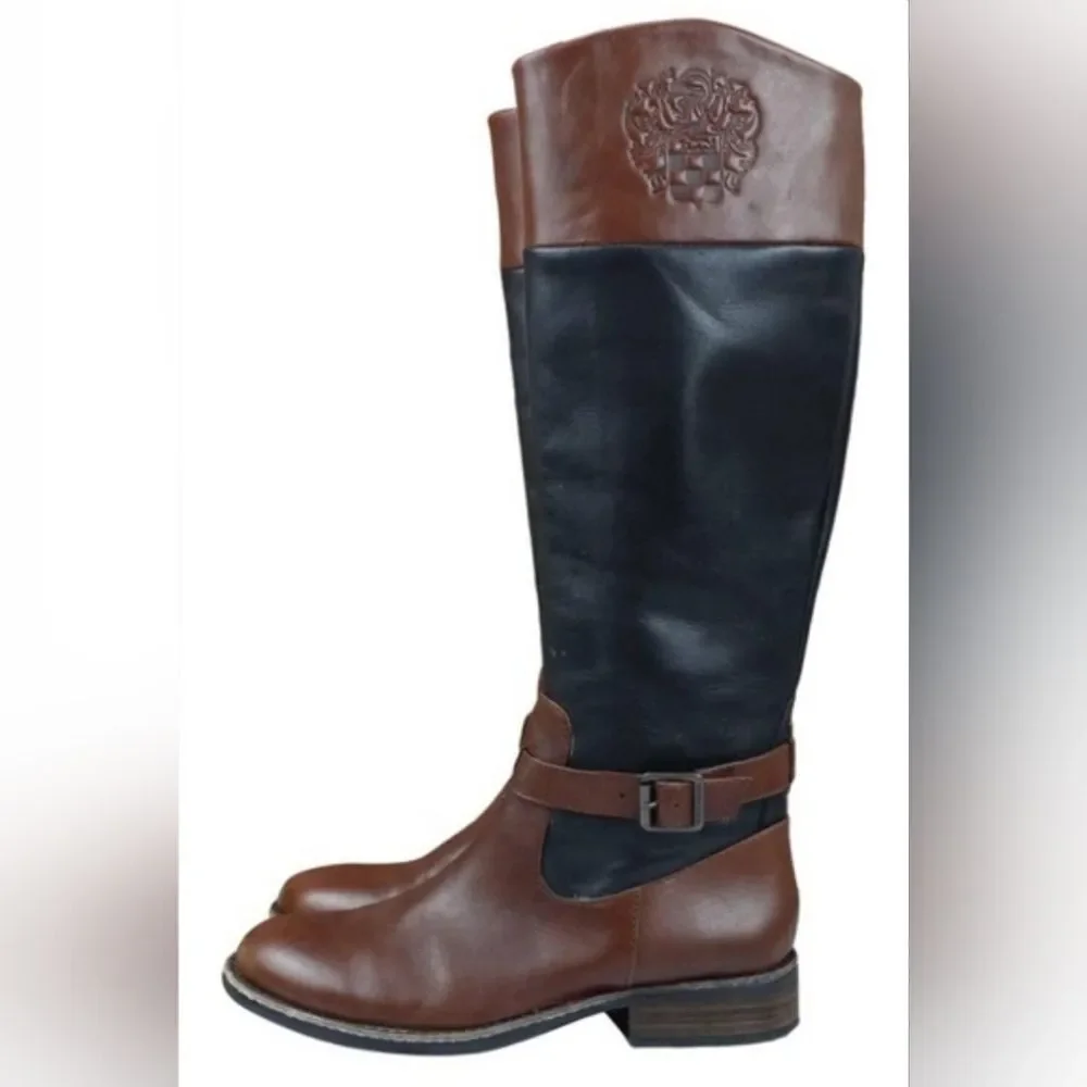 NEW Vince Camuto Designer 2 Tone Black Brown Crest Riding Boots 6